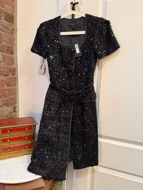 Donna Karan Black Label Black Sequins Short-Sleeve Buttoned Dress with Belt